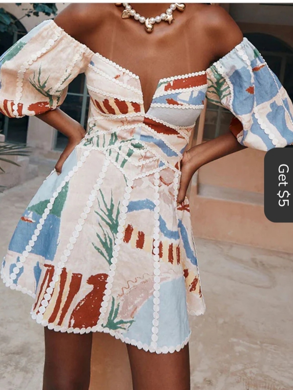 Off-Shoulder Abstract Print Mini Dress in Pastel Multi.  Large